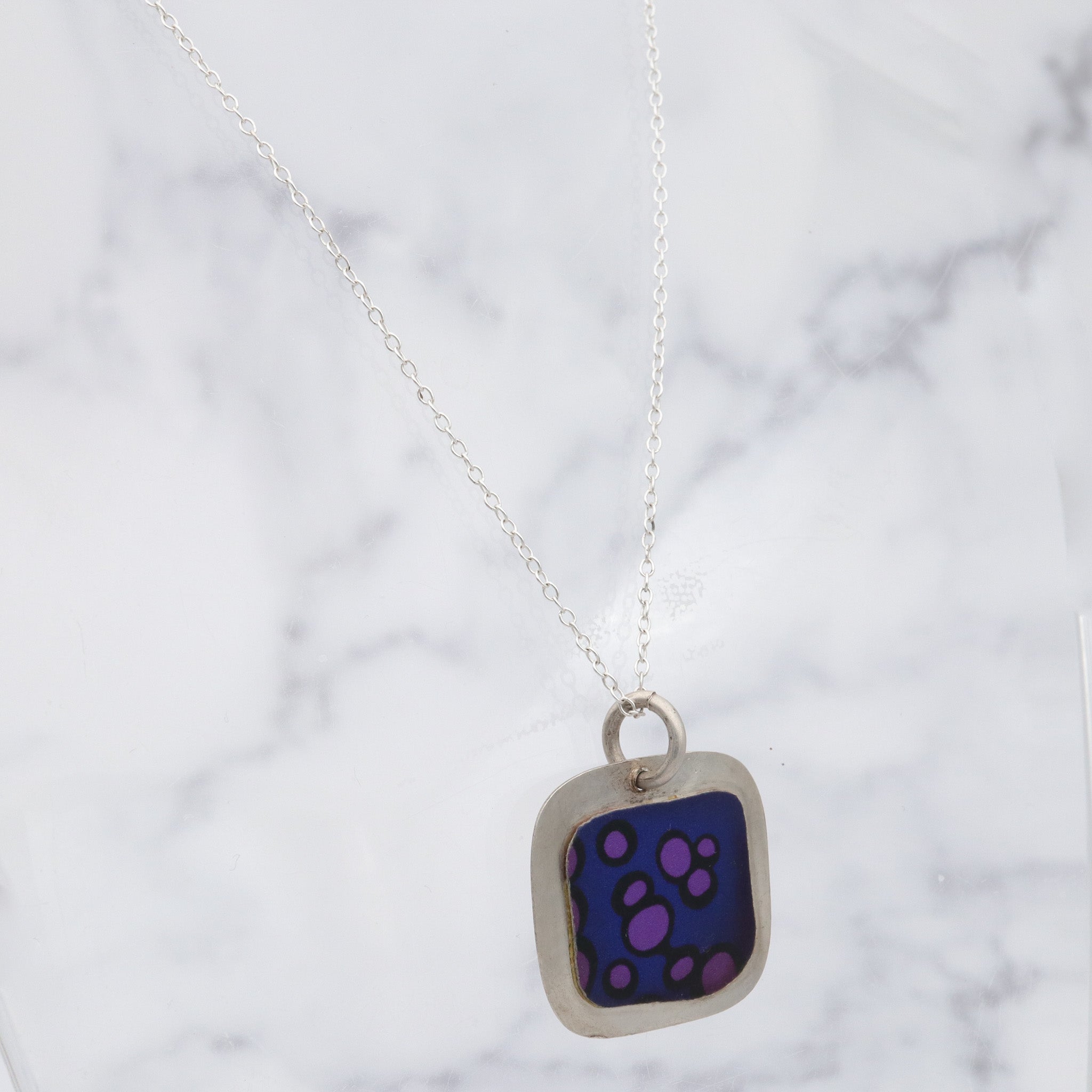 Vintage handmade 90’s sterling enamel tile pendant necklace